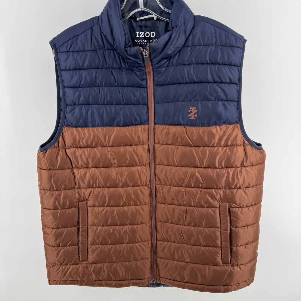 IZOD Vest Mens L Brown Blue Quilted Puffer Full Zip Advantage Performance